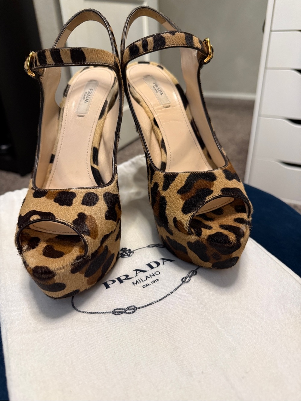 Prada Leopard Print Platform Slingback Heels - Tan & Black